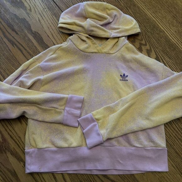Adidas Girls Crop Hoodie Size Large 13-14 Y Purple Yellow Graphic Print Pullover - Picture 1 of 4